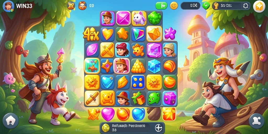 Screenshot menunjukkan gameplay seru dari WIN33 dengan efek gem match-3.